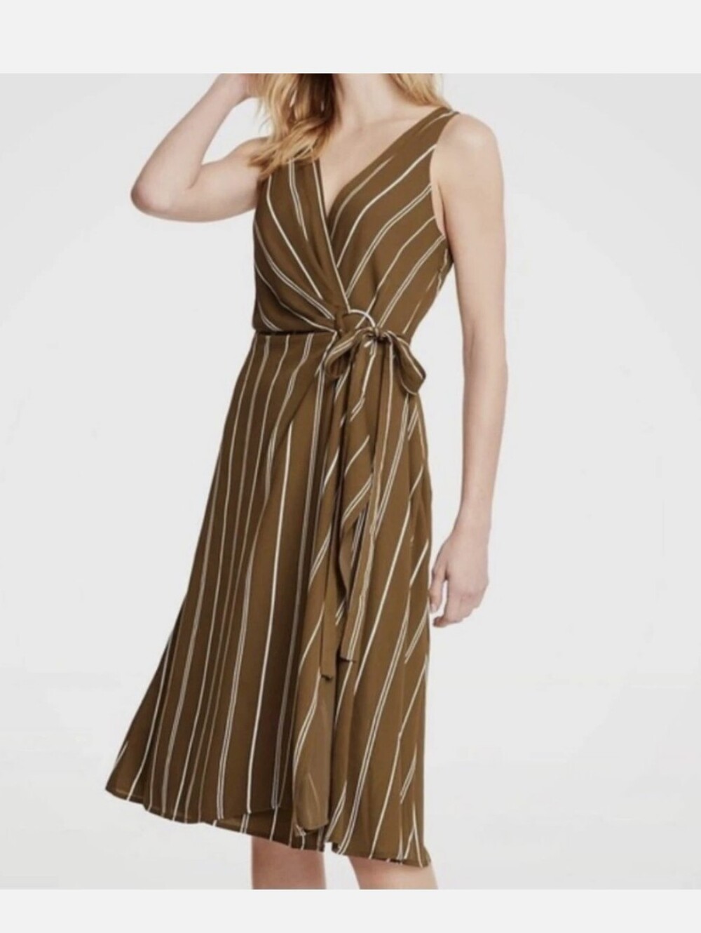 NWOT Ann Taylor Olive Striped Wrap Midi Dress
